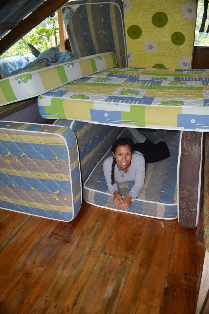 While moving mattress' around (we used them when guests stayed at the lodge) to wax the floor, I made a mattress fort...
